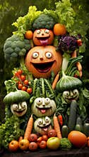Whimsical pile of vegetables. Majestic tower of happy vegetable faces. AI generated.