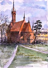 Watercolor sketch of old church