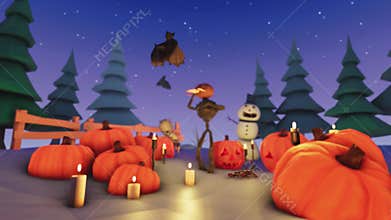 Toon Halloween bat runs away from a scarecrow
