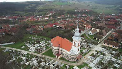 Aerial view of Church and Cemetery GÃ¢rbova Transylvania Romania