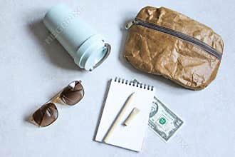 Pen, bag, cardboard cup made of recycled paper. Ecological biomaterials