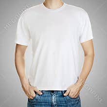 White t-shirt on a man template on gray background