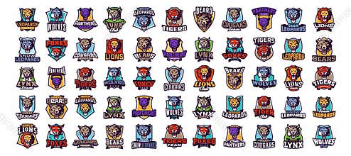 Set of esports logos with animal mascots for gamers and teams. Collection of esports mascot logos with lion, tiger
