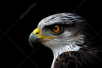 Close-up of a bird of prey with yellow eyes.