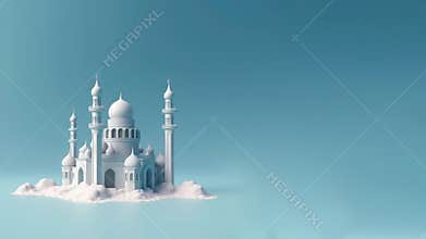 Happy Eid Mubarak greeting card with a model mosque background and empty space with Generative AI.