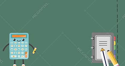 Animation of calculator holding crayon and pencils on notebook against abstract background