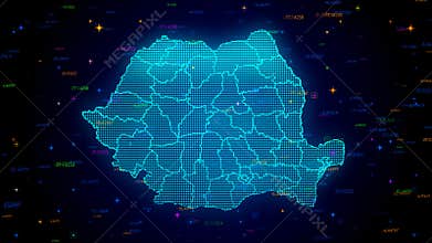 Blue Colorful Shiny Digital Technology Hud Dots Mosaic Grid Romania Map Separate Regions Light Scanning With Numeric Tech