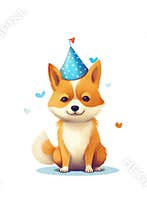 A cartoon dog wearing a party hat. Generative AI image. Happy Birthday cute greeting card.