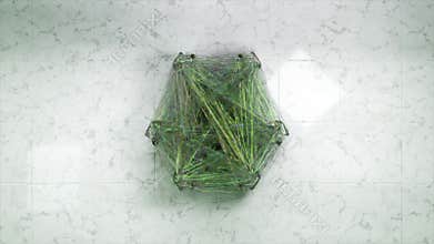 Top view of a crowd of dancing people connected by a transparent green cobweb. Geometric figure. Entanglement. Star