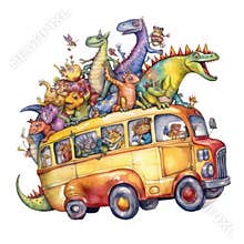 Dinosaur School bus Student Watercolor Sublimation Clipart