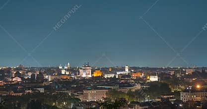 Panoramic rooftop view cityscape of Rome city center at night, Italy.