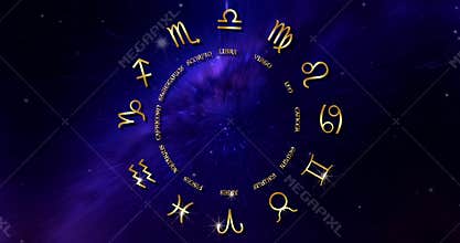 Zodiac Horoscope Astrological Signs On A Spinning Wheel. 12 gold luxury Sign of Zodiac, Astrology on blue galaxy background