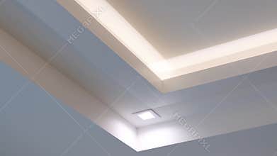 Drywall multi-level white ceiling with built-in led light and halogen lamp in new apartment. Modern design with