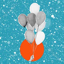 Balloons in the hands of a man. Art collage. Childhood, dreams, happiness, studying, going back to school