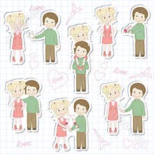 Set of couple teens on sheet of school notebook