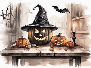 Halloween Pumpkin Art Sketch, Drawings, Watercolor, Watercolors AI Generated