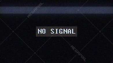 Source No signal old vintage TV. Rolling bars on TV screen. No signal sign. Bad interference. Broken antenna. Distortion
