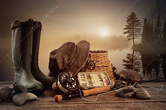 Fly fishing equipment on deck with misty lake