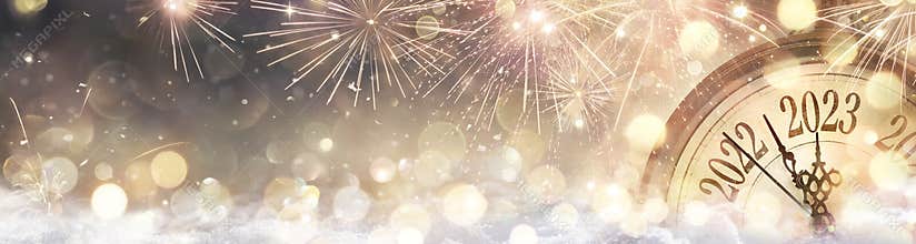 2023 New Year Celebration - Golden Clock And Fireworks