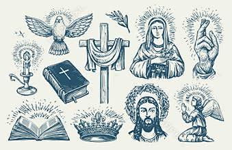 Religion symbols set sketch. Biblical motifs. Cross spirituality, catholicism, christianity religious elements