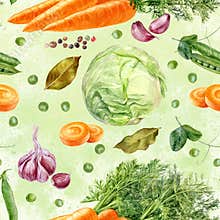 Watercolor seamless pattern with fresh vegetables background, closeup, botanical illustration.