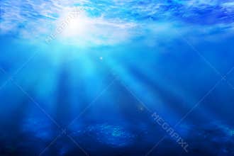 Blue ocean underwater sun rays background