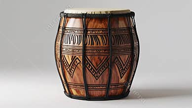 Traditional Barrel-Shaped African Drum with Geometric Carvings