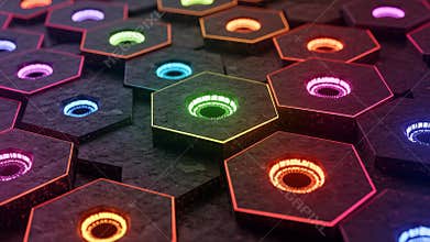 Hexagonal Pattern with Neon Lights on Dark Textured Background in 3D Render
