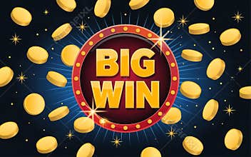 Glowing Big Win Sign Surrounded by Falling Gold Coins on a Dark Blue Background