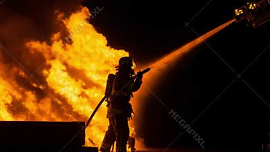Brave Firefighter Silhouetted Against Intense Blaze Fighting a Fierce Inferno