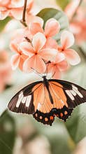 Butterfly rests on flower. Orange wings with black and white markings. Blossom and green leaves soft focus. Natural light and