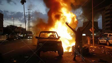 Flames Engulf Street as Man Raises Hands in Chaos During Unrest at Dusk in Urban Area. Generative AI