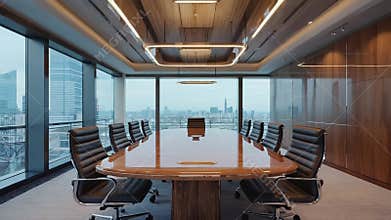 Modern conference room overlooking city skyline with empty chairs