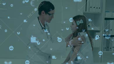 Doctor positioning child arm in clinic, causing floating sale currency icons to reassure child