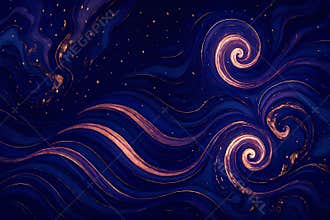 Elegant dark blue gold swirls background with cosmic waves and stars