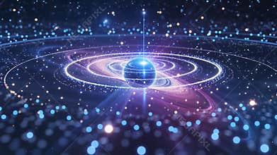 Appearing blue sphere spawning concentric rings in simulated cosmos, pulsing light beam