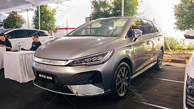 Brand new BYD M6 family electric car on display at car show
