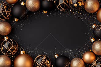Elegant matte black and gold ornaments arranged on dark surface create festive atmosphere for holidays