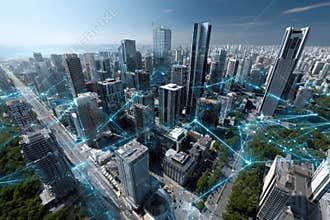 Cityscape with high-rise buildings and digital network connections during daytime