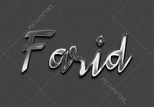 Chrome metal 3D name design of Farid on grey background.