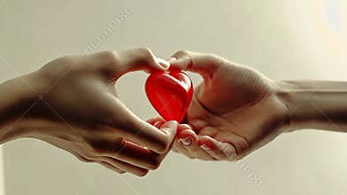 Two hands holding heart, gentle warmth and loving connection emphasized. Valentine's Day