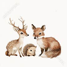 Illustration of forest animals including a deer, fox, and hedgehog in a tranquil woodland setting. Generative AI