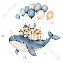 Adorable baby clip art featuring a charming watercolor whale, lighthouse, and air balloons. Children's stock