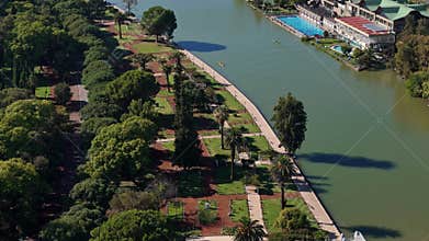 Aerial view of a sports complex and lake in Mendoza, Argentina