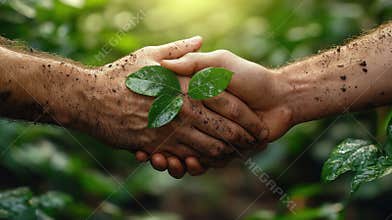 Two Pairs of Dirty Hands Shaking with a Green Plant in the Center