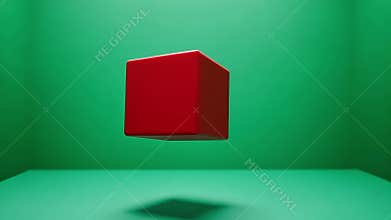 A deep red cube with sharp corners contrasting sharply with the green backdrop