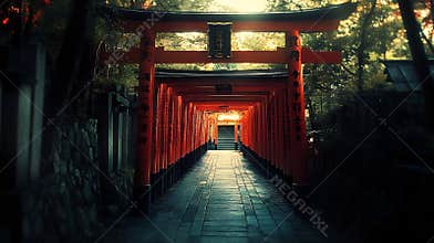 Generative AI Mesmerizing Pathway Through Vibrant Red Torii Gates Leading to Sacred Shrine in Mysterious Forest bu