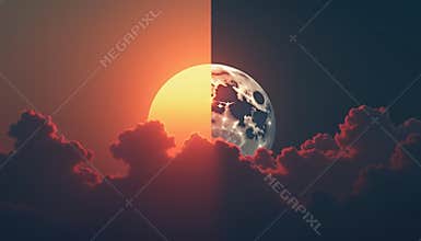 Half sun and half moon split concept symbolizing spring equinox, cloudy sky. Daytime and nighttime are equal in length.