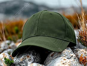 A green baseball cap sitting on top of a pile of rocks