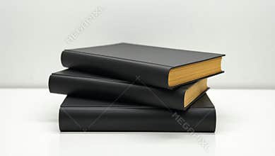 Stack of three black books with golden pages on white table